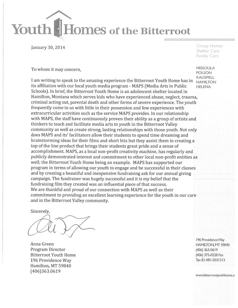 Letter From Bitterroot Youth Home