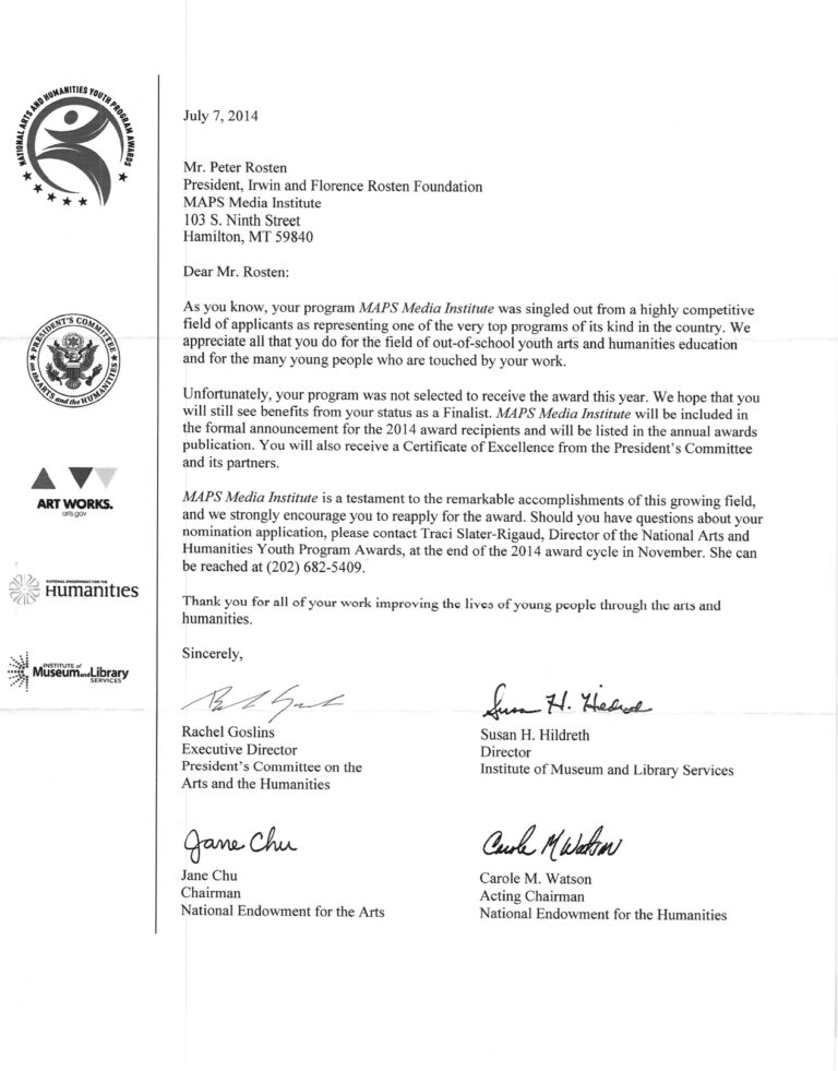 Letter from the National Endowment for the Arts