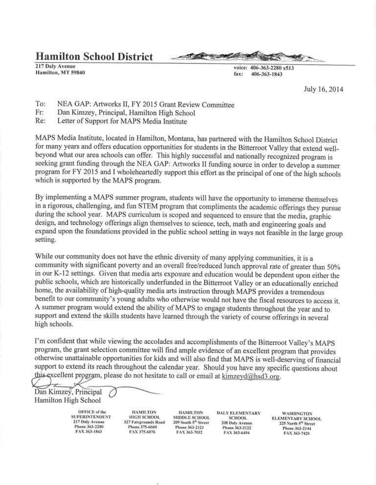 Letter from Hamilton High School Principal
